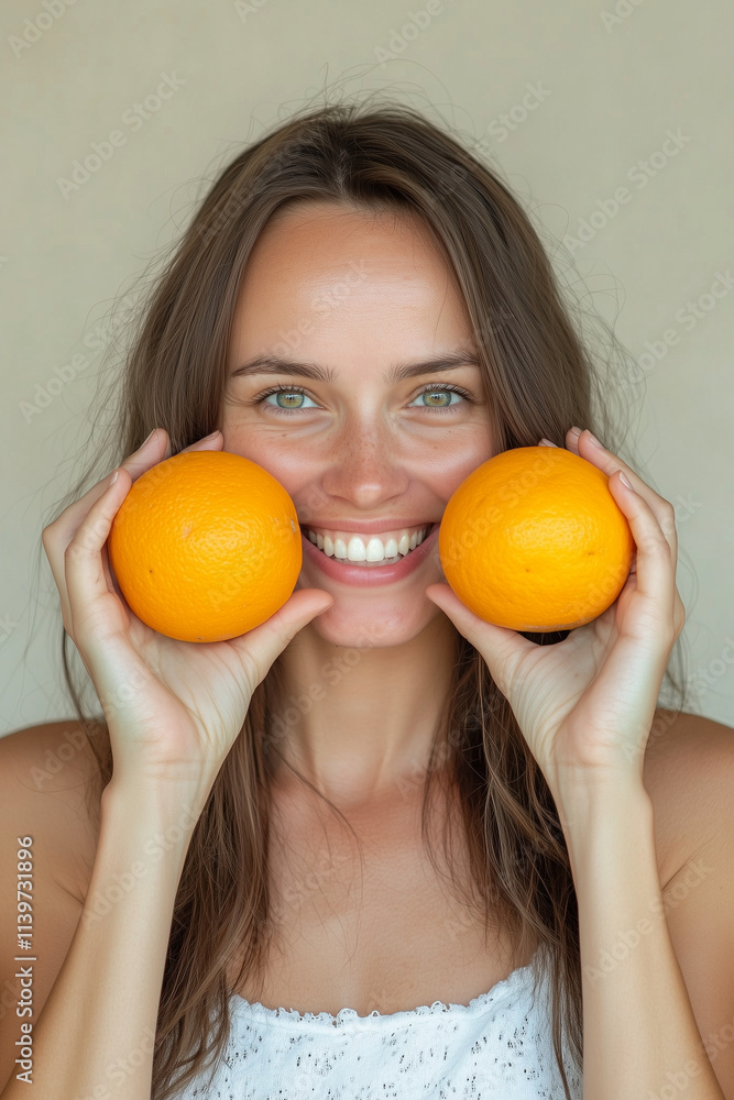 Happy young caucasian woman holding fresh oranges in front of eyes and smiling. Generative AI tools Happy young caucasian woman holding fresh oranges in front of eyes and smiling. Generative AI tools