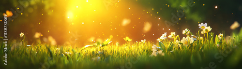 Vibrant flowers basking in golden sunlight, creating a serene and peaceful atmosphere.