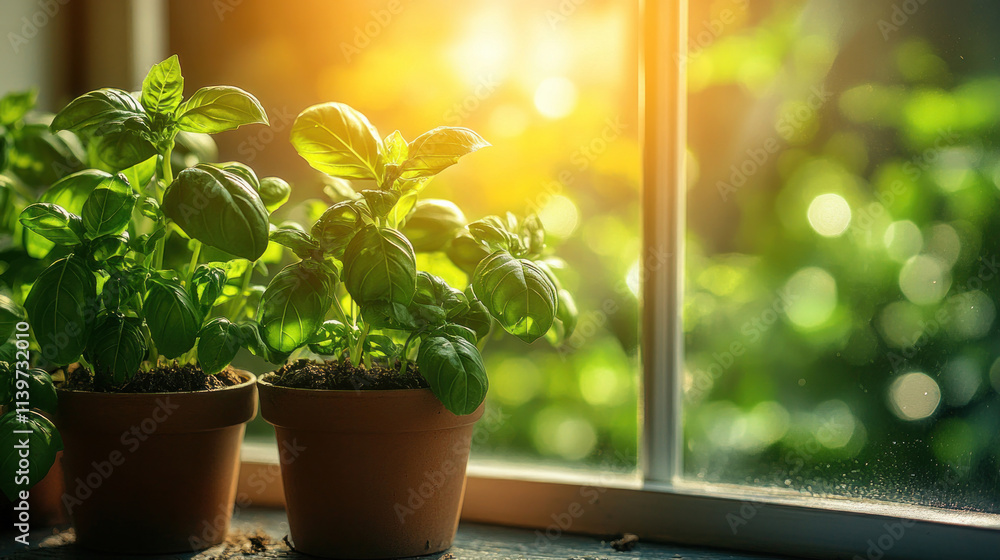 Fresh basil leaves growing in a small pot on a windowsill, with sunlight streaming in Fresh basil leaves growing in a small pot on a windowsill, with sunlight streaming in