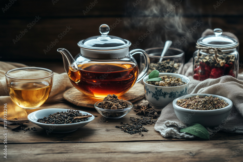 Assorted Herbal Teas, Dried Herbs, and Spices in Ceramic Bowls and Glass Jars on Rustic Wooden Table – Natural Tones, Soft Light, Wellness and Self-Care Concept. Generative AI tools Assorted Herbal Teas, Dried Herbs, and Spices in Ceramic Bowls and Glass Jars on Rustic Wooden Table – Natural Tones, Soft Light, Wellness and Self-Care Concept. Generative AI tools