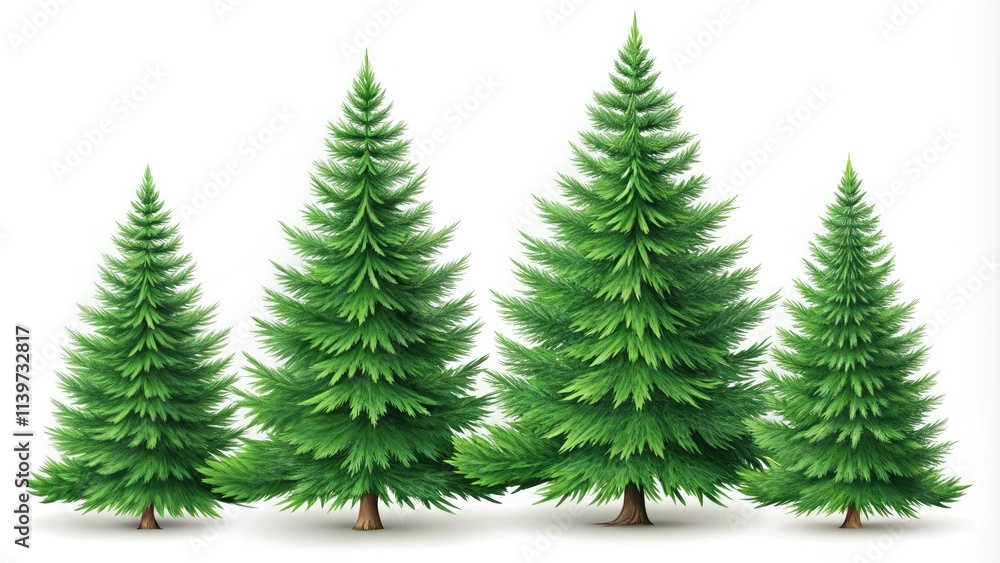 Isolated green fir trees designed for Christmas celebrations, featuring a vector illustration of pine trees against a clean white backdrop for a festive touch. Isolated green fir trees designed for Christmas celebrations, featuring a vector illustration of pine trees against a clean white backdrop for a festive touch.