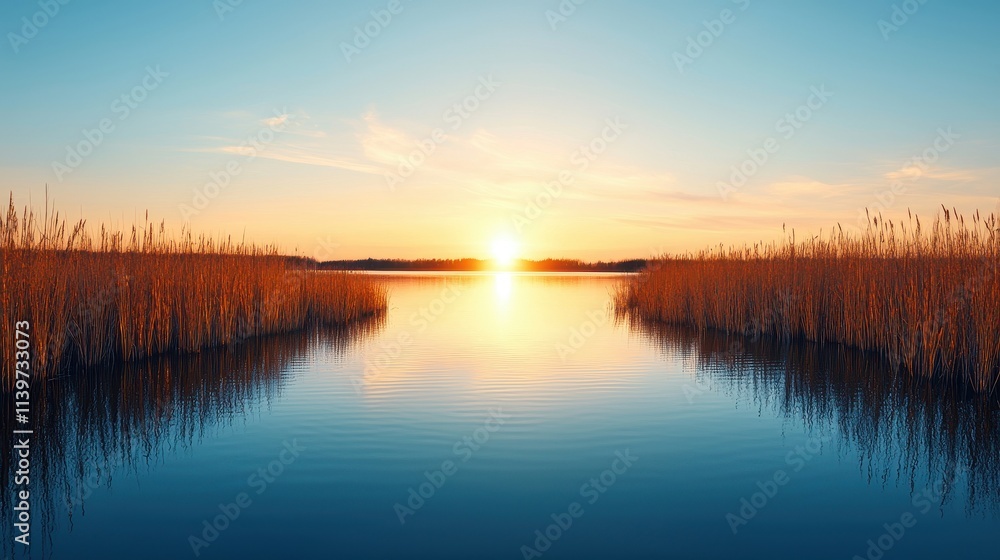 Obraz premium Tranquil Sunset Over Calm Water Surrounded by Reeds in a Serene Natural Landscape