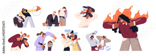 Angry people concept set. Furious men and women shout at kids, workers. Characters feel negative emotions: anger, irritation, aggression, rage. Flat isolated vector illustrations on white background