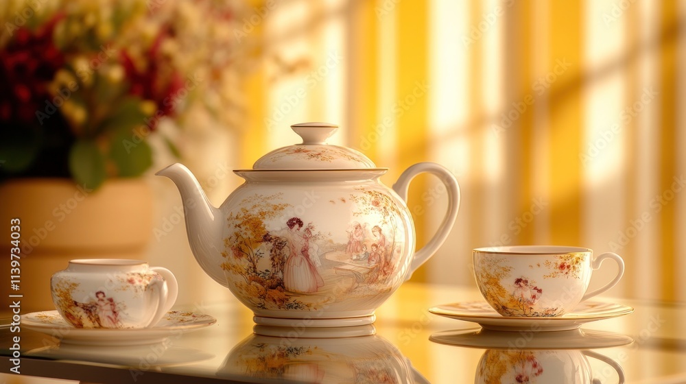 Elegant porcelain tea set on glass table with floral design. Elegant porcelain tea set on glass table with floral design.