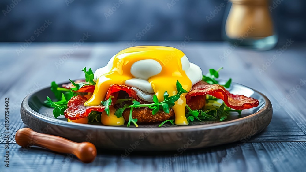Delicious Poached Egg with Bacon and Hollandaise Sauce on a Rustic Plate Delicious Poached Egg with Bacon and Hollandaise Sauce on a Rustic Plate