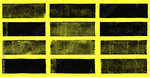 Linocut vector relief printing rectangle shapes, wide stripes rough textures collection. Artistic linocutting textured backgrounds set. Paint roller stains, lino ink grungy geometric text box template