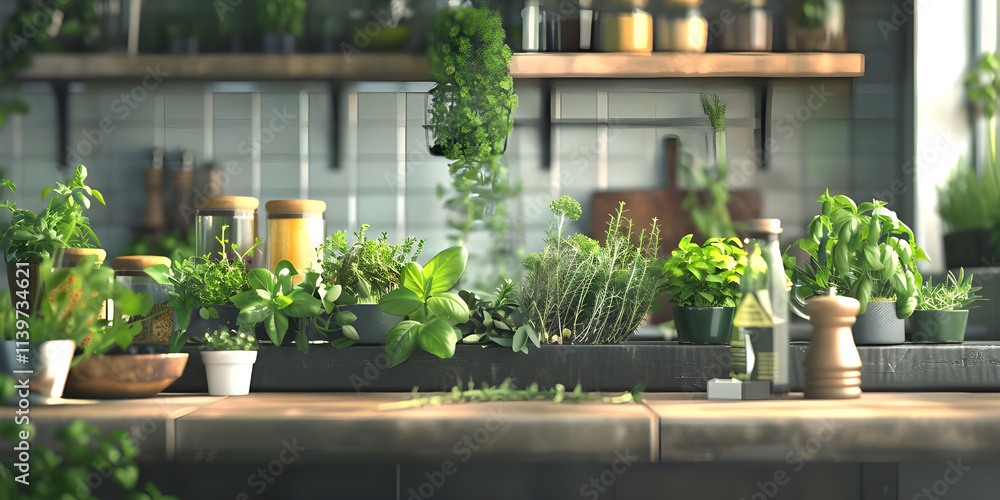 Fresh and Vibrant Kitchen Setting: A Countertop with Potted Herbs, Lemons on a Wooden Cutting Board, and a Glass Jar of Dried Herbs or Spices Fresh and Vibrant Kitchen Setting: A Countertop with Potted Herbs, Lemons on a Wooden Cutting Board, and a Glass Jar of Dried Herbs or Spices