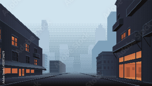 Pixel art cityscape at dusk. Houses with orange lights from windows on evening street in front of city silhouette. Retro video game background with road going into distance. Vector illustration.