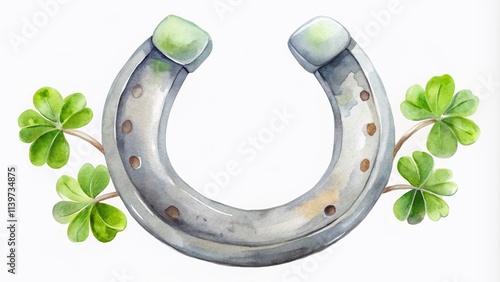 Light grey horseshoe watercolor illustration perfect for St. Patrick's Day. Ideal for Irish holiday cards, websites, flyers, wrapping, and various good luck designs.