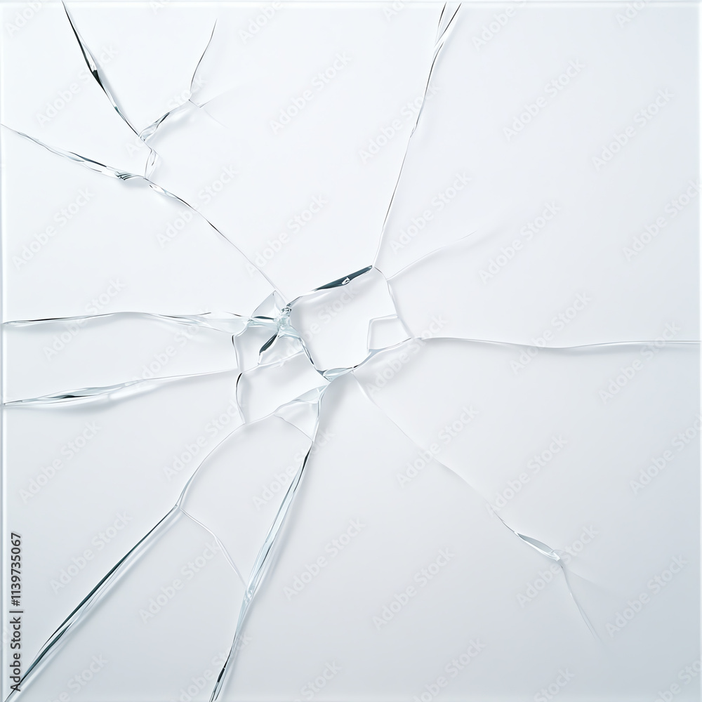 A close-up view of a shattered glass surface on white background. A close-up view of a shattered glass surface on white background.