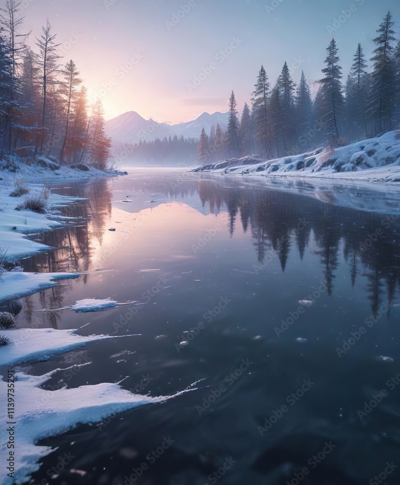 Softly falling snowflakes on a frozen lake surface, frosty morning, cold weather, serene winter Softly falling snowflakes on a frozen lake surface, frosty morning, cold weather, serene winter