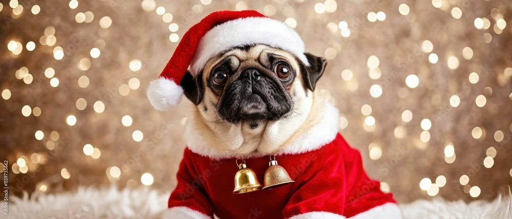 Adorable Pug Dog in Santa Costume Posing for Christmas Adorable Pug Dog in Santa Costume Posing for Christmas