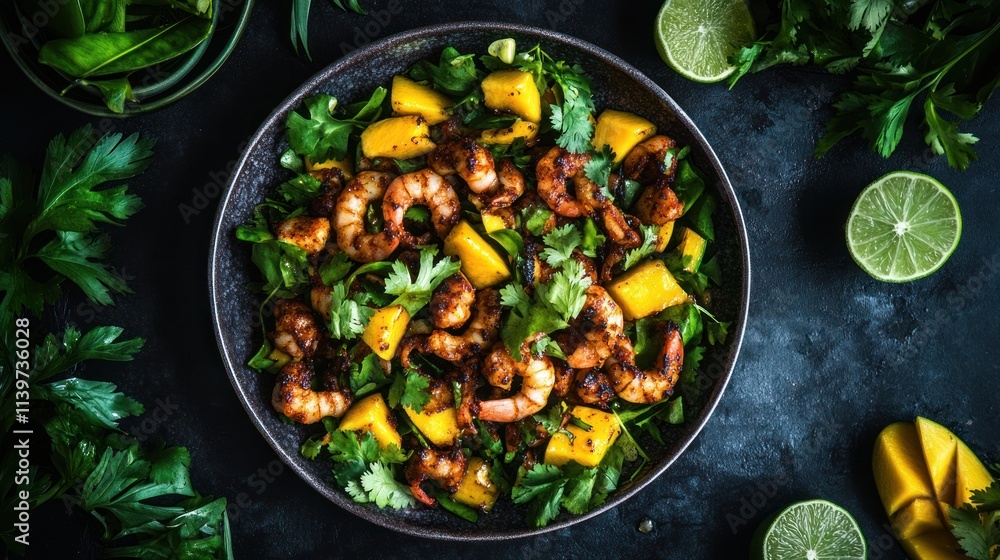 Grilled shrimp salad with mango and cilantro. Fresh, healthy, delicious meal. Grilled shrimp salad with mango and cilantro. Fresh, healthy, delicious meal.