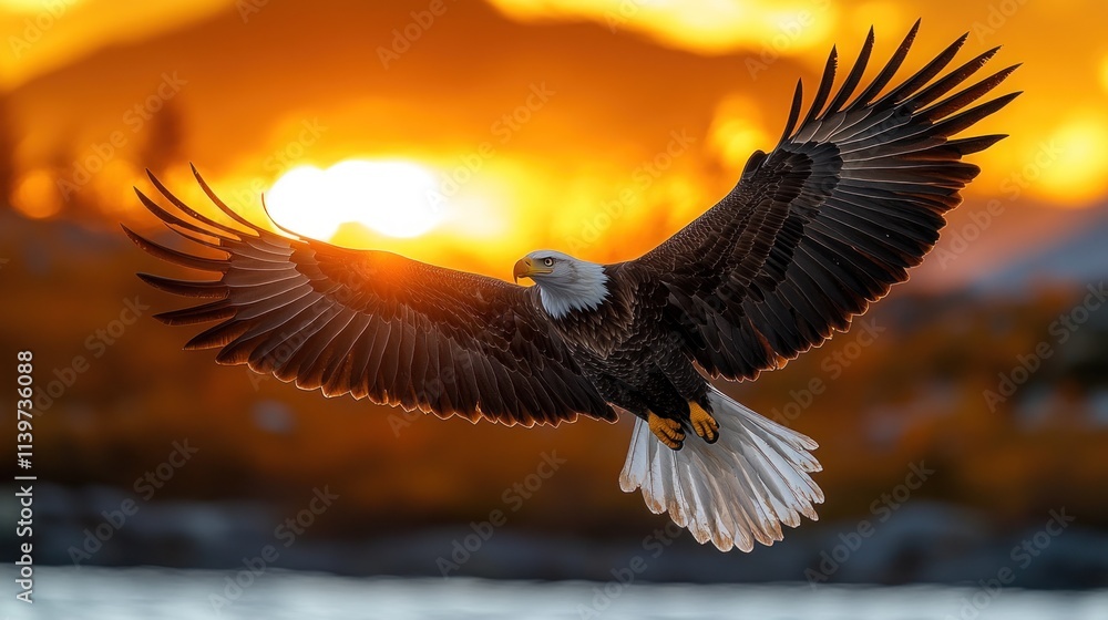 Obraz premium A majestic eagle soaring against a vibrant sunset backdrop.