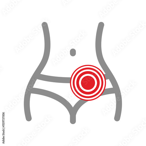 Ovary or menstrual pain vector icon. Ovarian or ovulation pain, female abdomen with red circle.