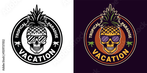 Skull pineapple cartoon character, summer theme vector round emblem in two styles, black on white and colorful