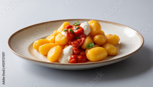 Patatas Bravas in Modern Minimalist Style with Red and White Sauces in UHD with Copy Space