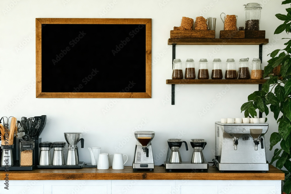 Fototapeta premium Rustic Coffee Bar with Blank Chalkboard for Menu Mockups