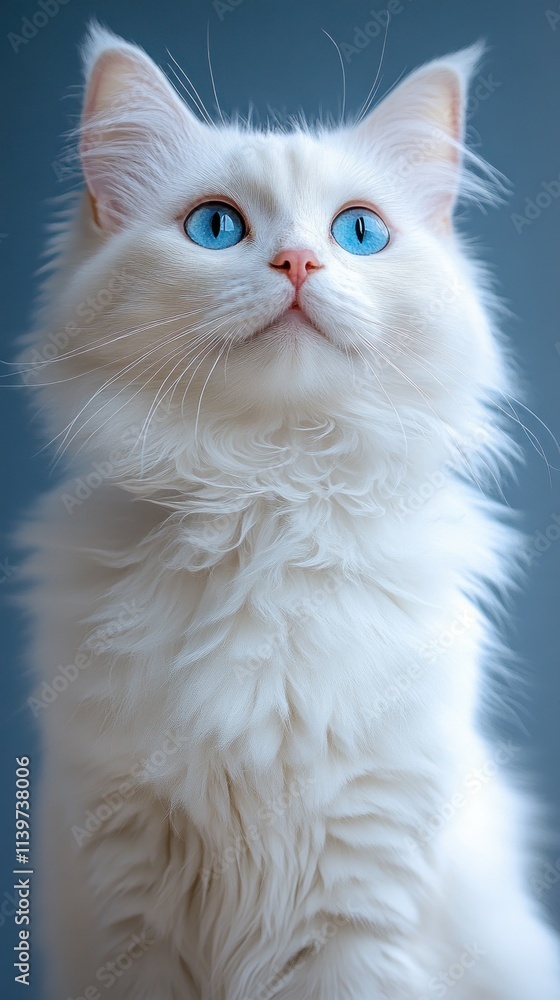 Adorable white longhair cat with bright blue eyes looking up. Adorable white longhair cat with bright blue eyes looking up.