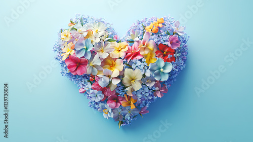 Heart-Shaped Floral Arrangement Against a Light Blue Background. A vibrant heart-shaped arrangement of various flowers, including roses, tulips, magnolias, and other blossoms, creates a romantic and s photo