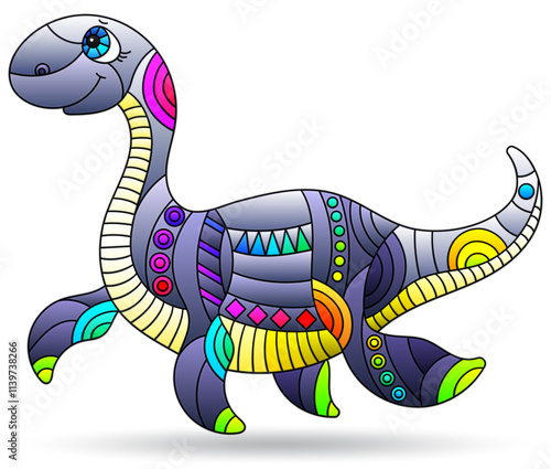 Illustration in the style of stained glass with bright dinosaur, animal isolated on a white background