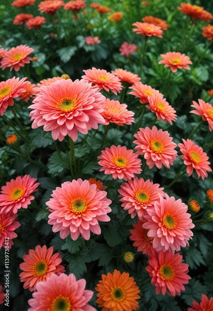 Vibrant Chrysanthemum blooms in the garden with lush green foliage, blooming plants, perennial flowers, flowering shrubs Vibrant Chrysanthemum blooms in the garden with lush green foliage, blooming plants, perennial flowers, flowering shrubs