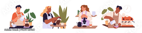 Baristas set. Coffee shop workers preparing cappuccino, filter, espresso, milk drinks. People pour beverage in cup, making latte art in cafe. Flat isolated vector illustrations on white background