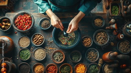 Fototapeta Naklejka Na Ścianę i Meble -  Ancient Spice Preparation: A Masterful Blend of Herbs and Spices