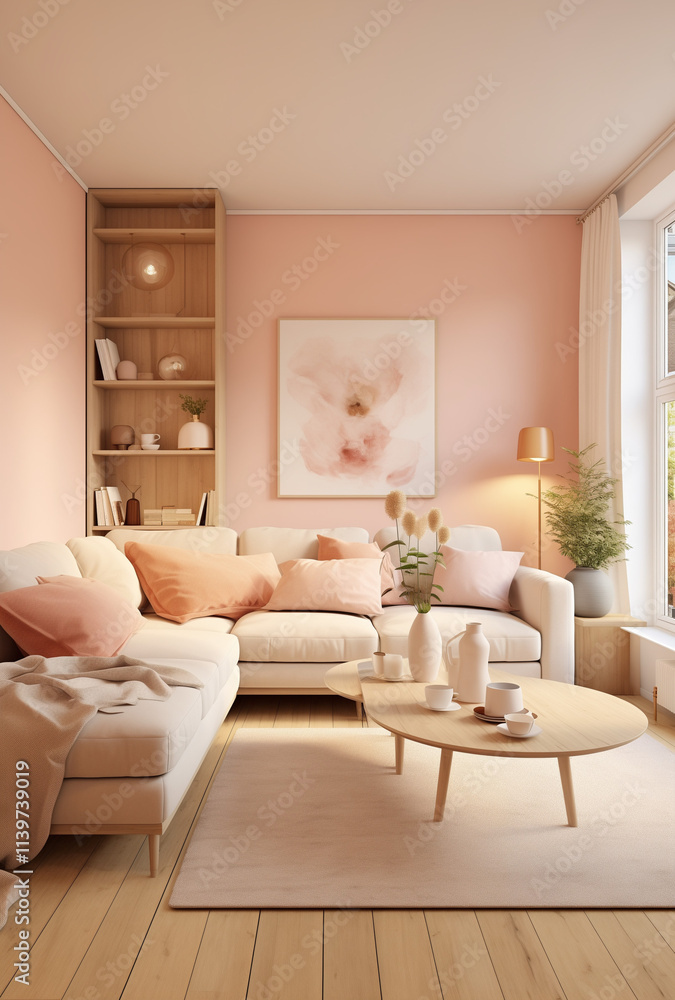 Modern interior of living room with couch and poufs near orange wall. Modern interior of living room with couch and poufs near orange wall.