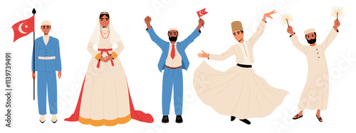 Set of people during traditional Muslim holidays. Victory Day, Muslim bride, independence day, new year, whirling dervish