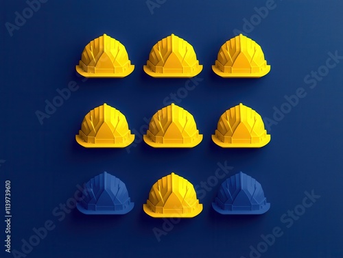 A grid of safety helmets in yellow and blue arranged on a dark blue background, symbolizing construction and safety. photo