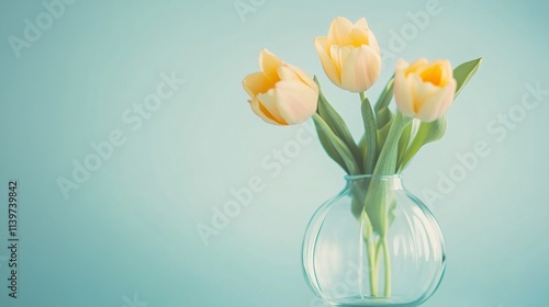 Wallpaper Mural Three pale yellow tulips in a clear glass vase against a light blue background. Torontodigital.ca