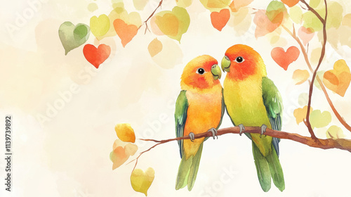 Kawaii cute adorable little watercolor style A pair of lovebirds sitting on a tree branch  cartoon, beak, macaw, colorful, animals, love, cute, art, color, green, 