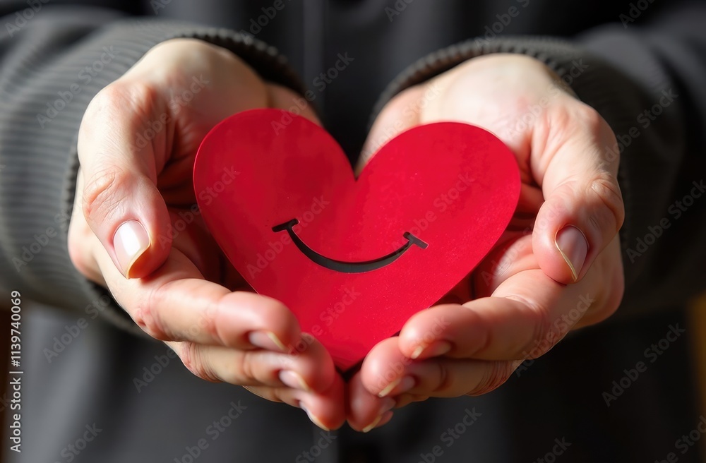 A red Paper Smiling Heart in the hands of a man. Love experiences, falling in love. Heart disease