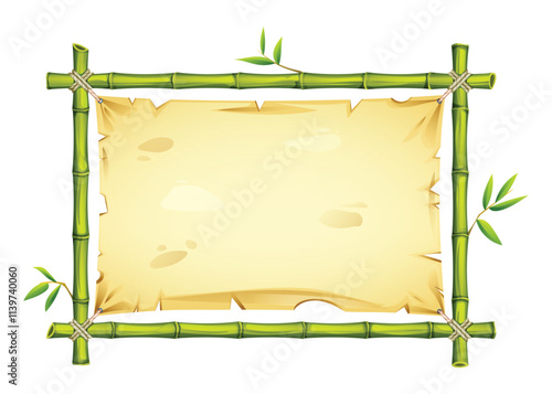 Green bamboo frame with blank parchment and leaves, ideal for tropical or nature design. Vector cartoon illustration