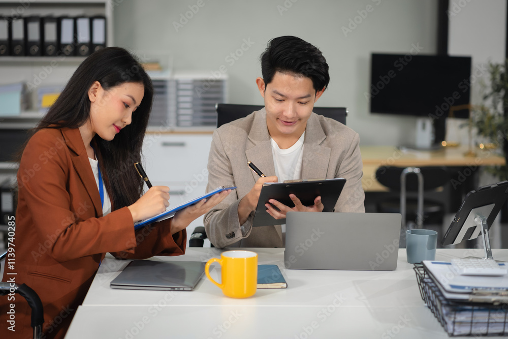 Fototapeta premium financial asian advisor showing plan of investment to clients in the consultancy office.