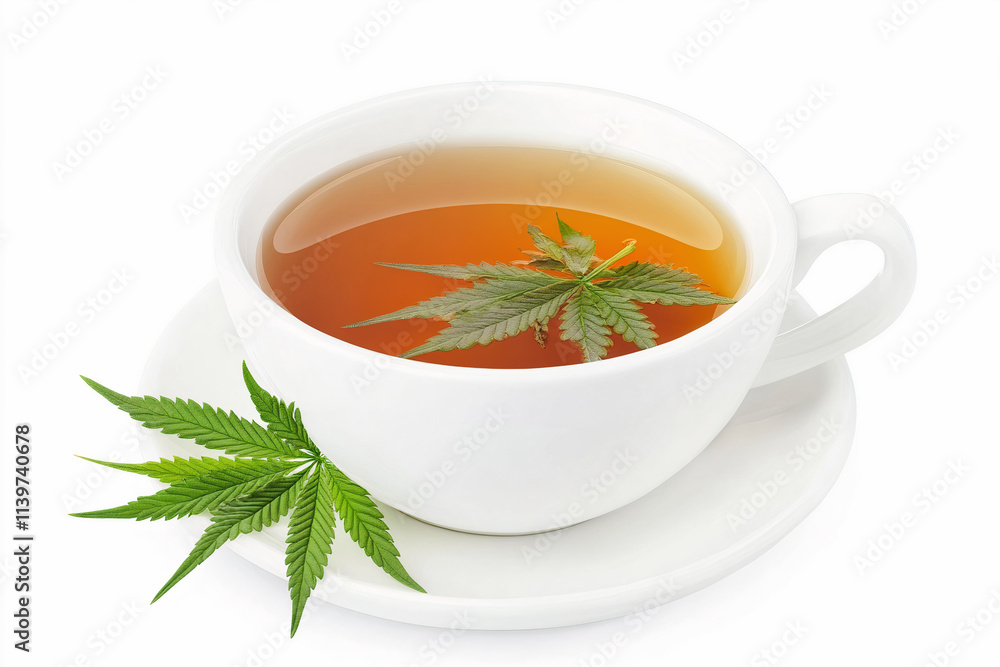 herbal tea with cannabis leaves in a white cup on an isolated white background herbal tea with cannabis leaves in a white cup on an isolated white background