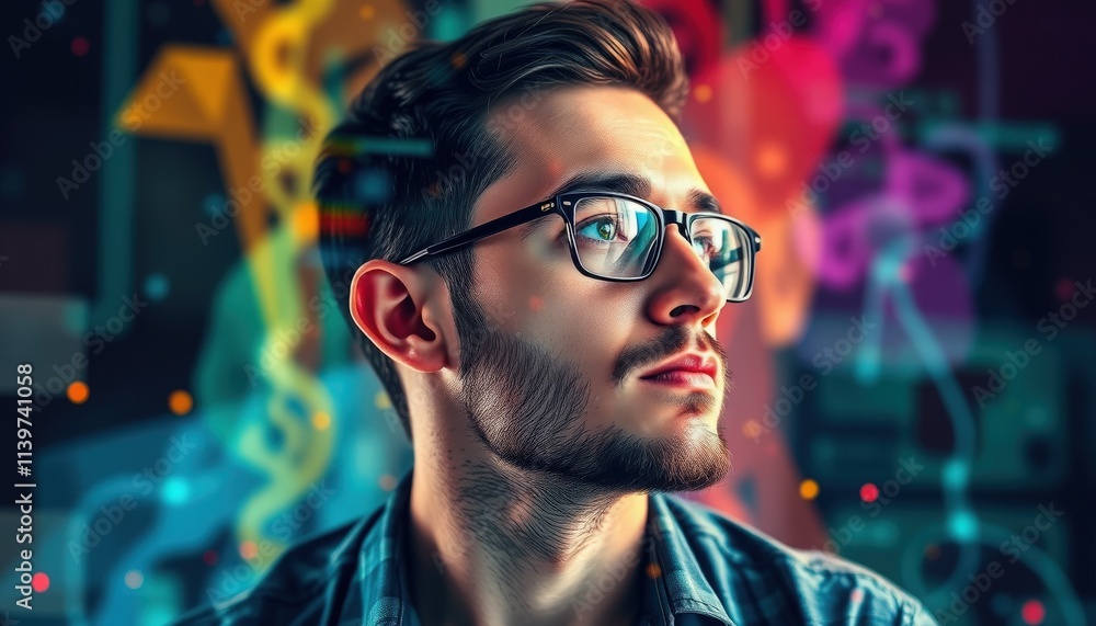 Exploring creative ideas with a young man gazing thoughtfully at vibrant digital art backgrounds Exploring creative ideas with a young man gazing thoughtfully at vibrant digital art backgrounds