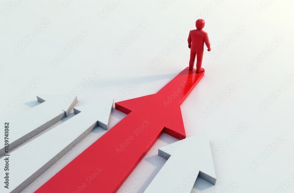 Many white arrows follow one red arrow. Symbol of following the leader straight to the goal Many white arrows follow one red arrow. Symbol of following the leader straight to the goal