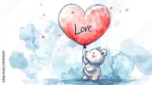 Kawaii cute adorable little watercolor style A teddy bear holding a heart-shaped love, valentine, red, 