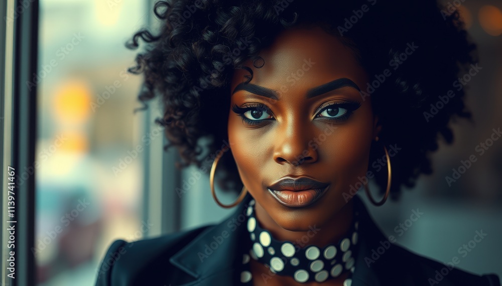 Confidence radiates from a woman with curly hair showcasing her bold style in an urban setting Confidence radiates from a woman with curly hair showcasing her bold style in an urban setting