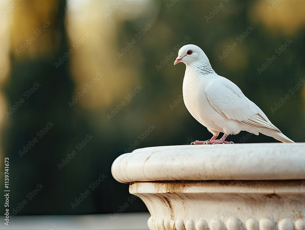 Elegant white pigeon perched on ornate fountain tranquil garden setting nature photography Elegant white pigeon perched on ornate fountain tranquil garden setting nature photography