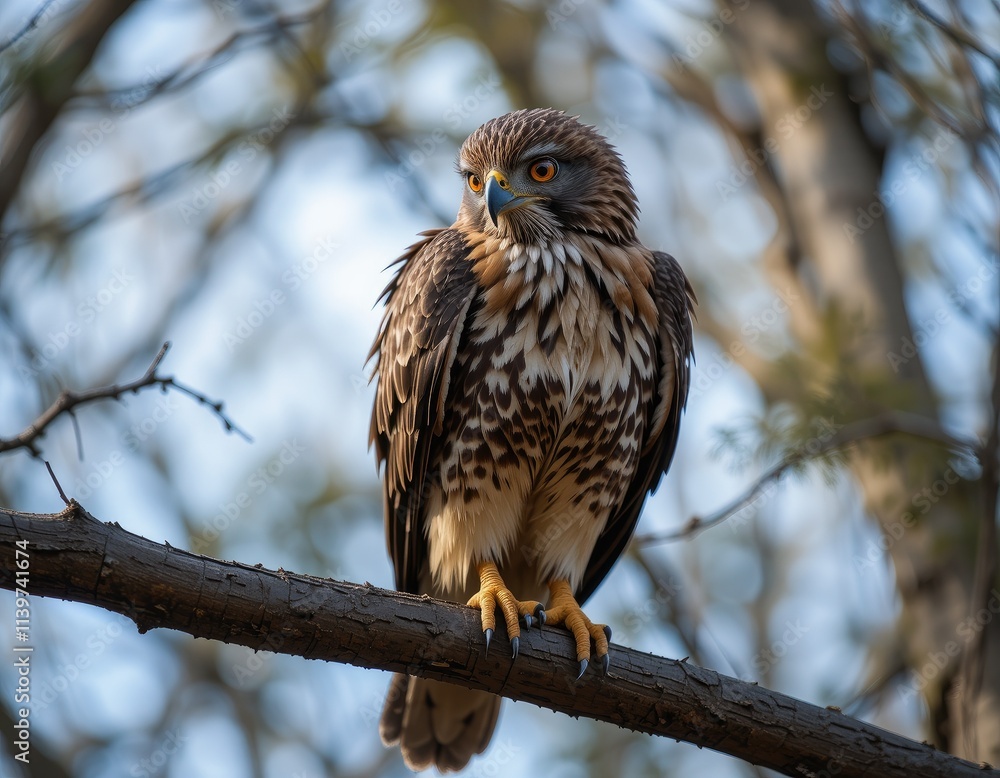Red-tailed hawk perched on a branch, showcasing its powerful features and sharp gaze, a true predator of the wild