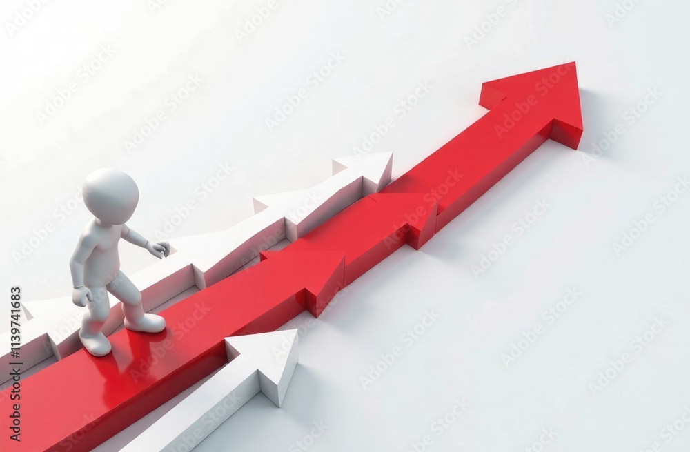 Many white arrows follow one red arrow. Symbol of following the leader straight to the goal Many white arrows follow one red arrow. Symbol of following the leader straight to the goal