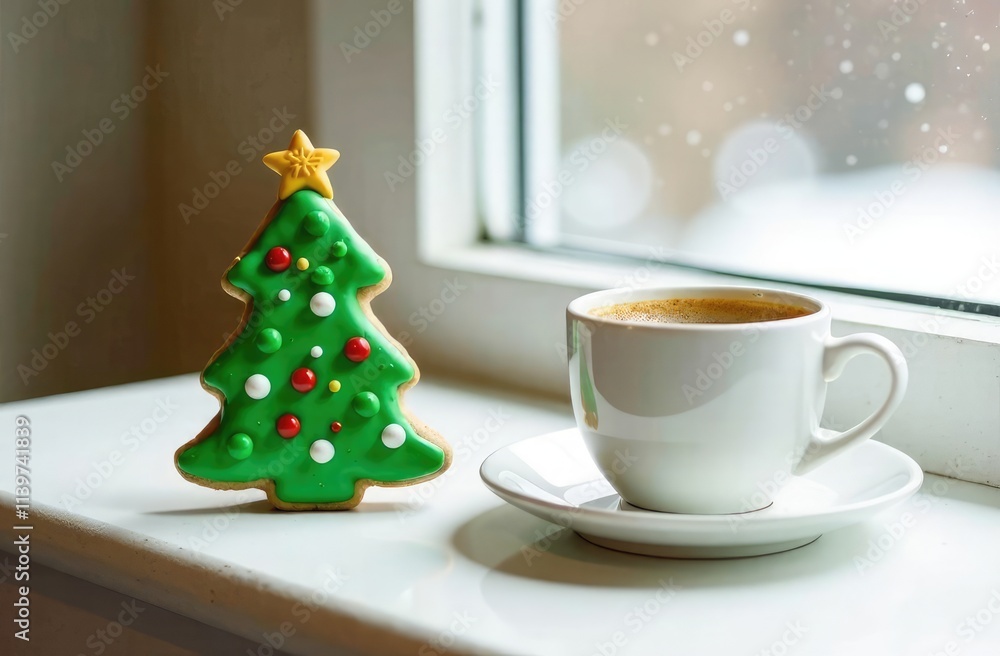 cup of coffee on a white table near the window and a green gingerbread in the shape of a Christmas tree on a saucer cup of coffee on a white table near the window and a green gingerbread in the shape of a Christmas tree on a saucer