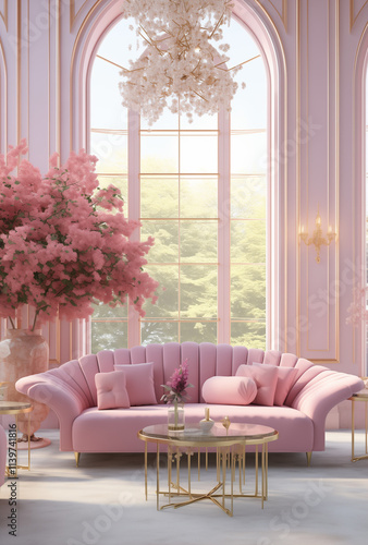 Modern living room with a pastel pink sofa, wooden coffee table, and neutral decor.