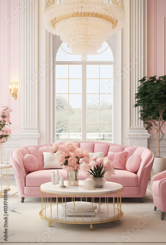 Modern living room with a pastel pink sofa, wooden coffee table, and neutral decor.