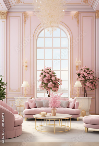Modern living room with a pastel pink sofa, wooden coffee table, and neutral decor.