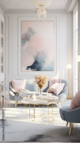 Modern living room interior with pastel blue armchairs , coffee table, and picture on the wall.
