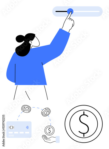 Person adjusting a slider, financial icons including a credit card, coins, and dollar symbol. Ideal for fintech, banking, digital payments, budgeting, investment financial technology and economy